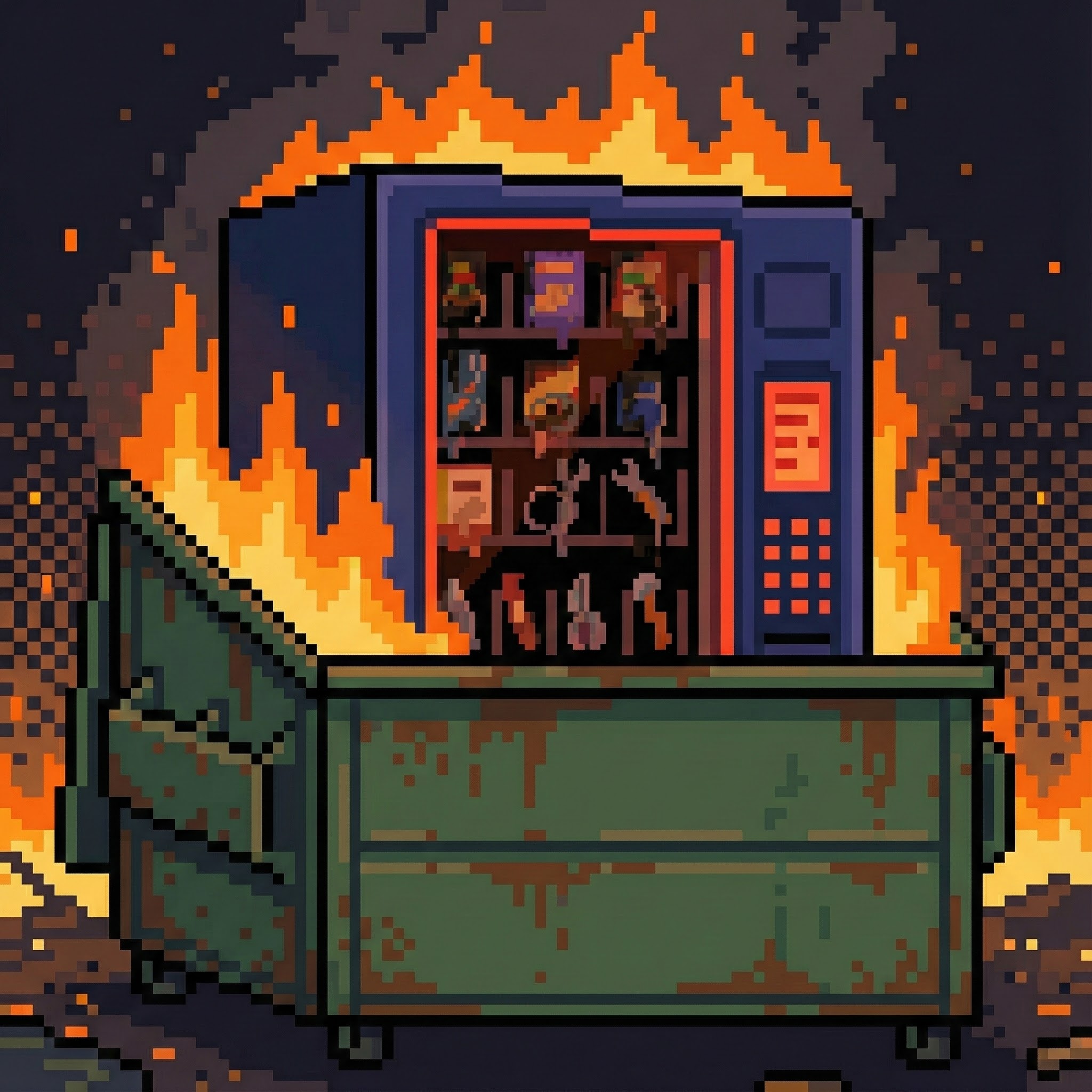 Vending machine in a dumpster fire - pixel art