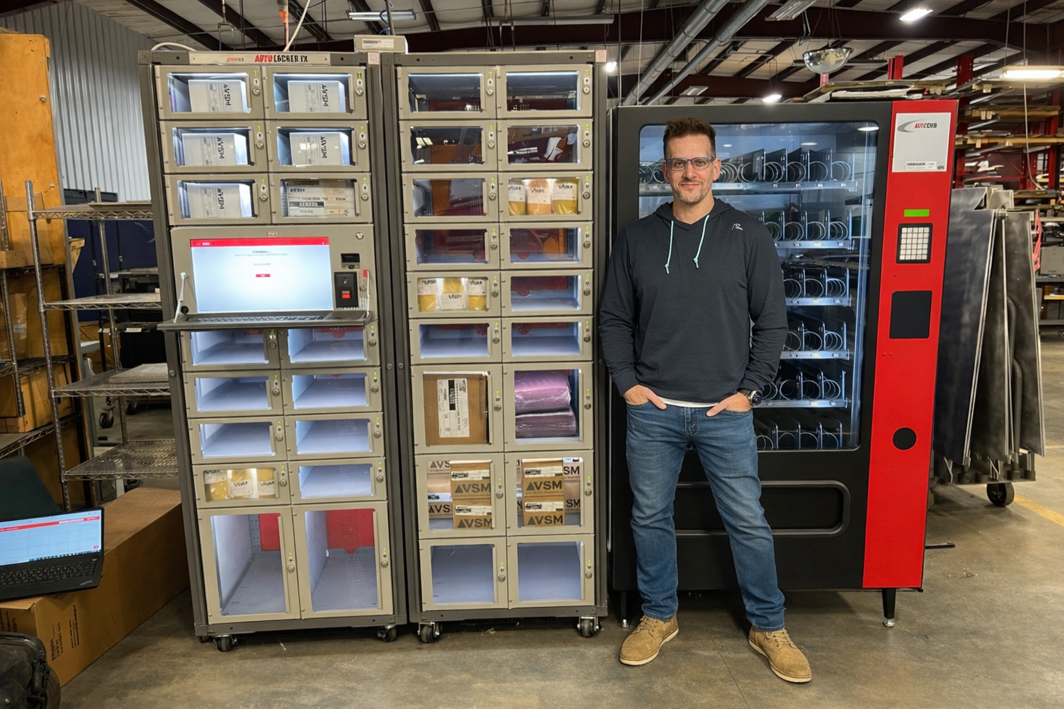 Ted with industrial vending machines
